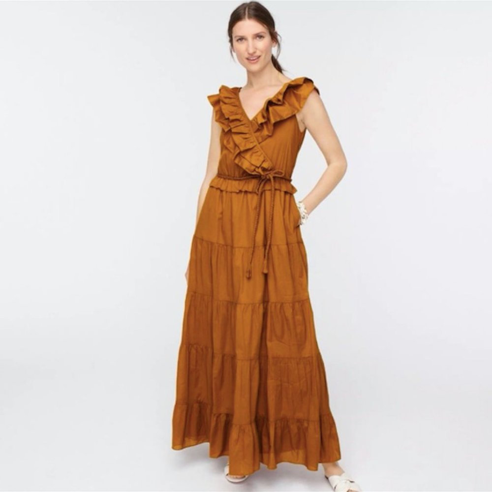 J.Crew Golden Brown Ruffle Maxi Dress, Sz 0, NWT